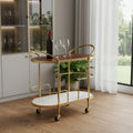 Homeroots 32 Brown Gold And White Iron Solid Wood And Marble Oval Rolling Bar Cart 32.00 In. X 30.90 In. X 18.00 In.