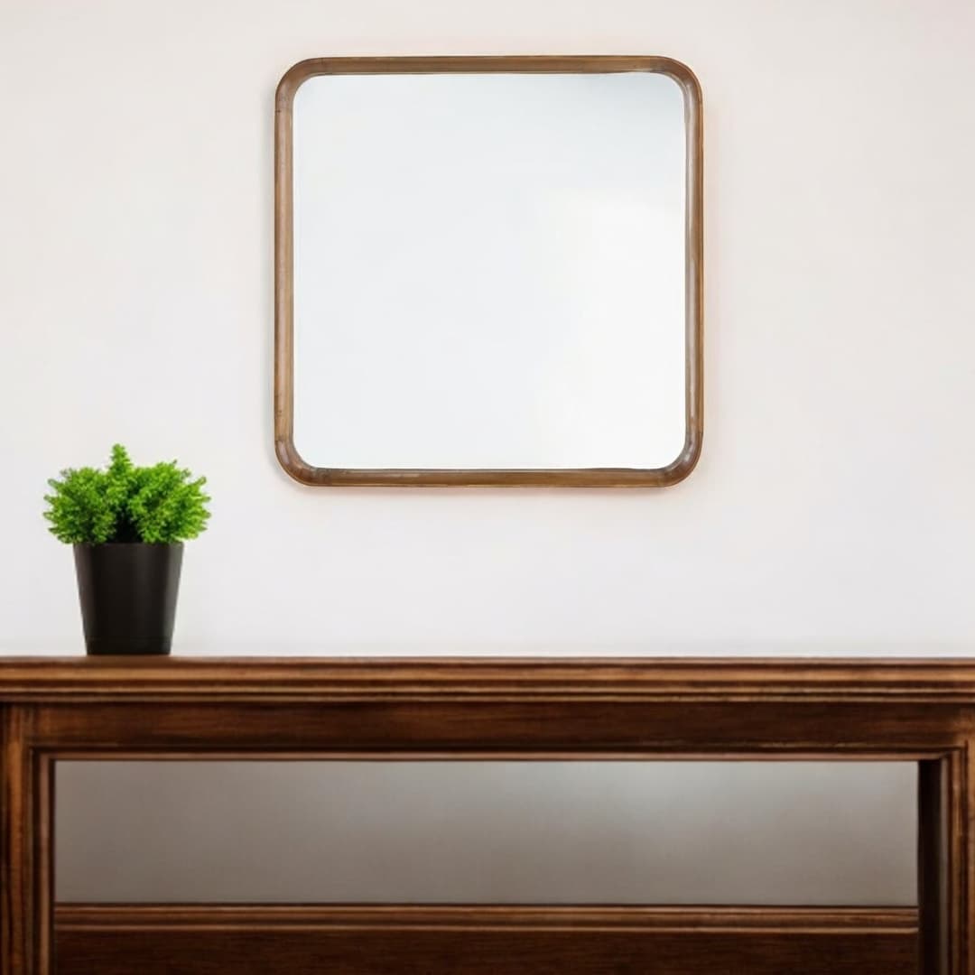Homeroots 32 Brown Square Wood Framed Accent Mirror 31.50 In. X 31.50 In. X 3.00 In.
