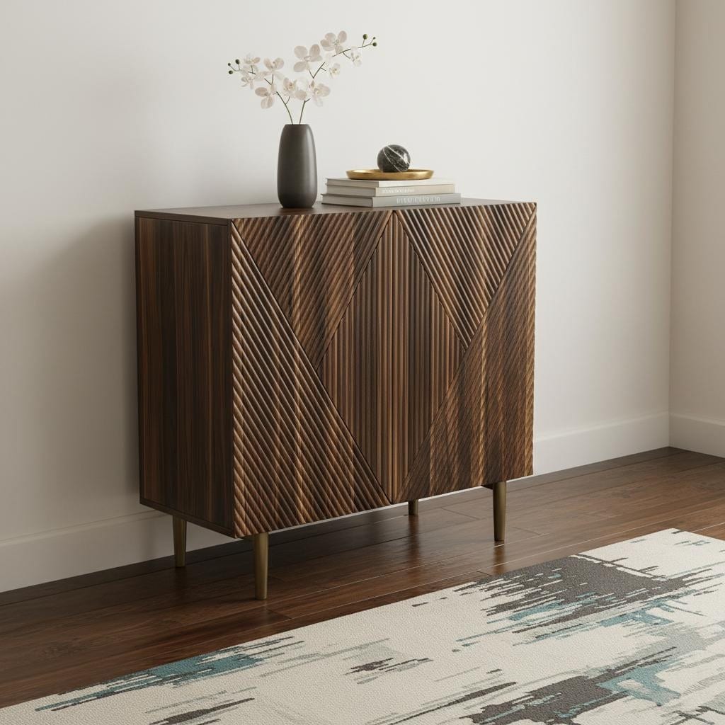 Homeroots 32 Brown Wood Carved Geometric Sideboard With Two Doors 31.50 In. X 30.70 In. X 15.75 In.