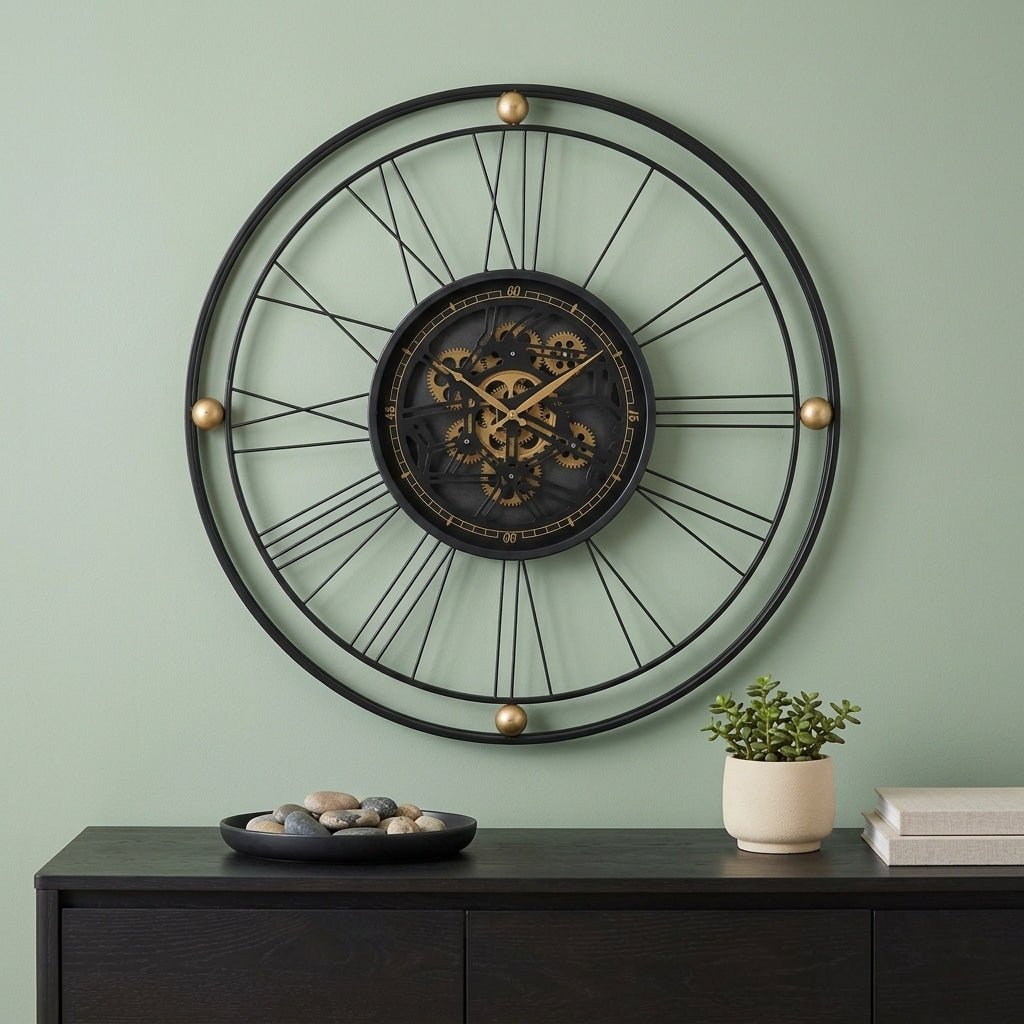 Homeroots 32 Circle Black And Gold Metal And Glass Analog Exposed Gear Wall Clock 31.50 In. X 31.50 In. X 3.10 In.