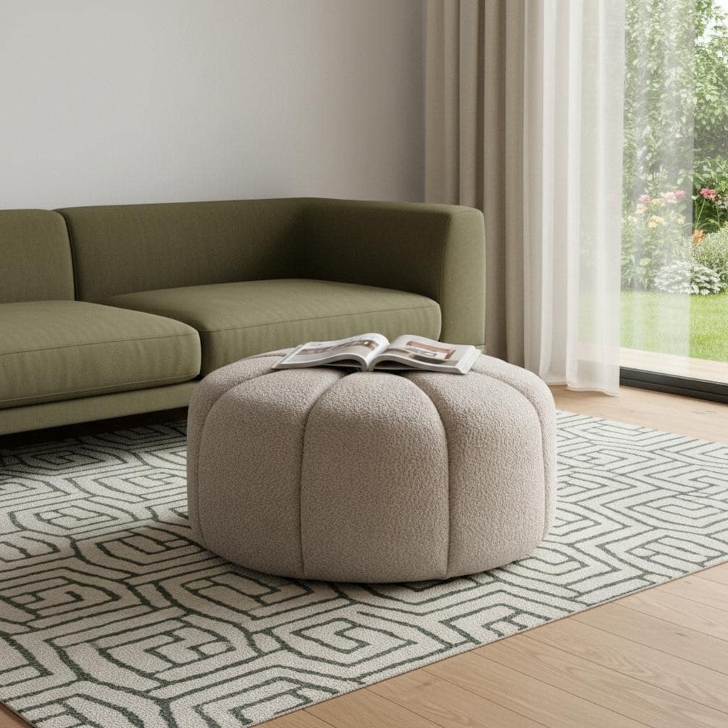 Homeroots 32 Taupe Tufted Boucle Tufted Round Ottoman