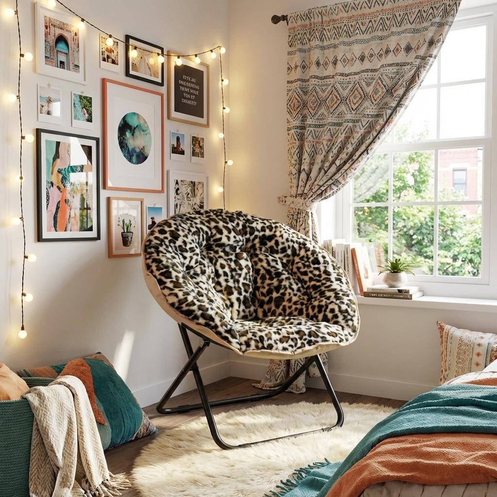 Homeroots 33 Beige Brown And Tufted Faux Fur And Metal Leopard Folding Lounge Chair 33.00 In. X 32.50 In. X 16.00 In.