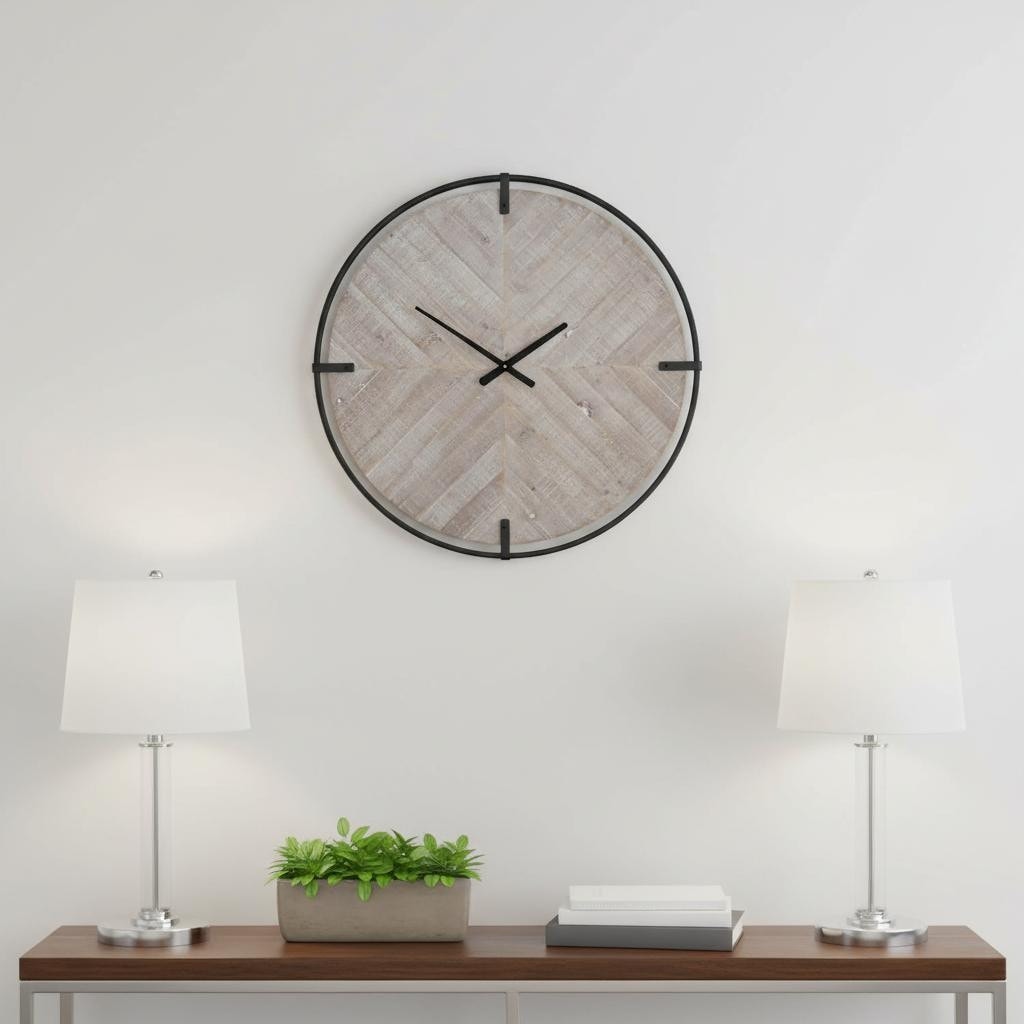 Homeroots 33 Black And Natural Metal And Solid Wood Analog Distressed Round Wall Clock 33.46 In. X 33.46 In. X 1.57 In.