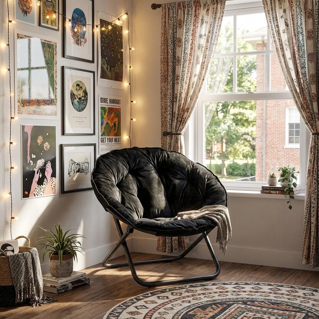 Homeroots 33 Black Tufted Faux Fur And Metal Folding Lounge Chair 33.00 In. X 32.50 In. X 16.00 In.