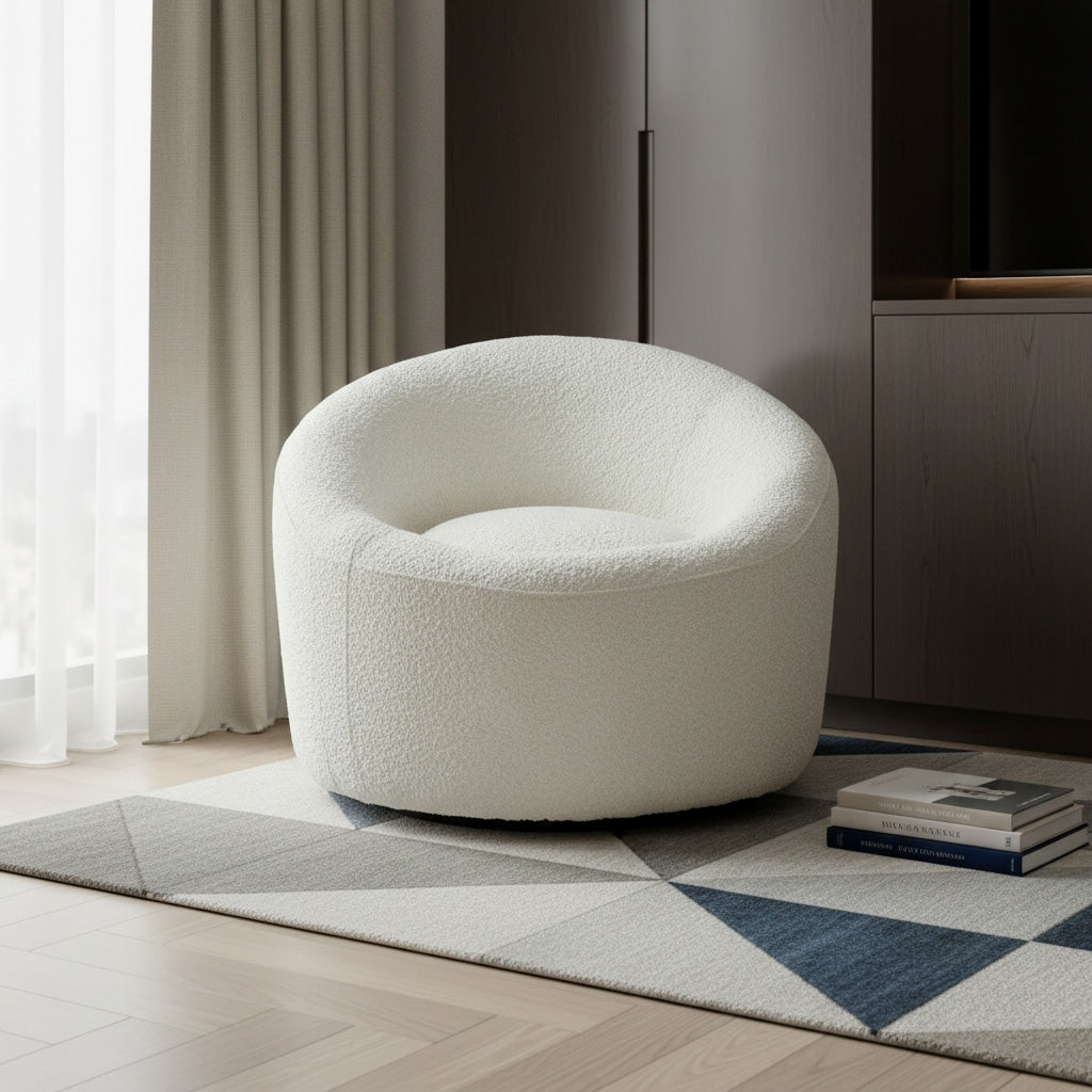 Homeroots 33 White Boucle Swivel Lounge Chair 33.00 In. X 27.00 In. X 33.00 In.