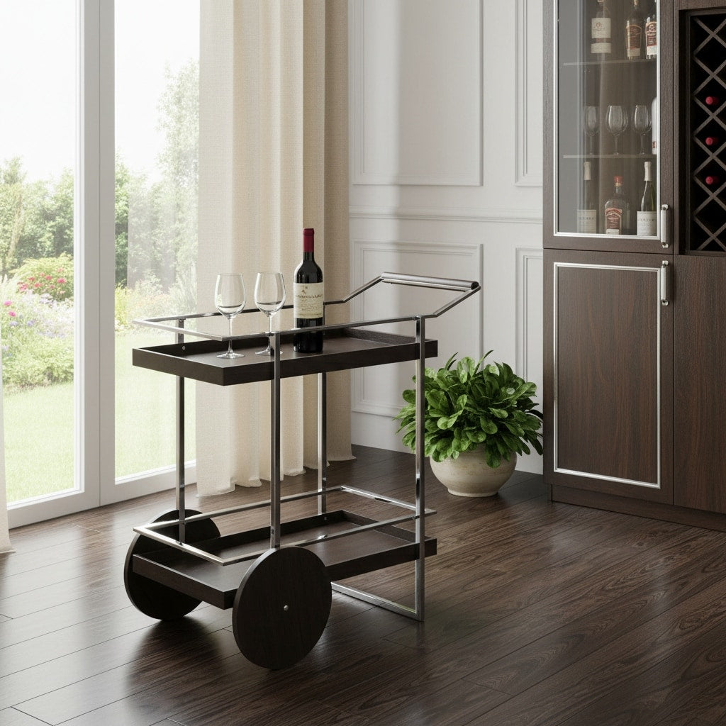 Homeroots 34 Brown And Silver Iron And Wood Rolling Bar Cart 34.25 In. X 35.00 In. X 19.50 In.