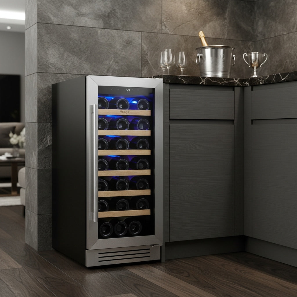 Homeroots 34 X 15 Silver Stainless Steel Single Compartment Wine Refrigerator