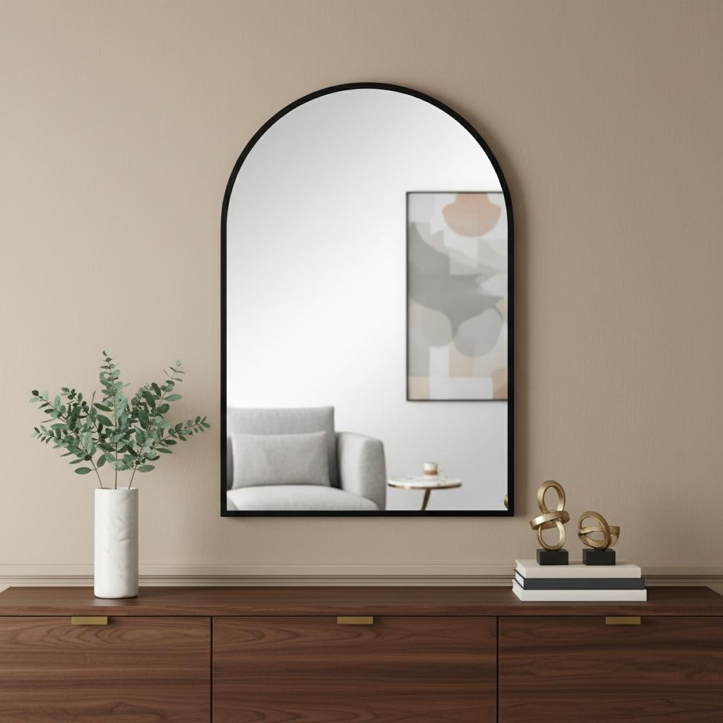Homeroots 35 Black Aluminum Arch Framed Anti Fog Accent Mirror 23.62 In. X 35.43 In. X 0.55 In.