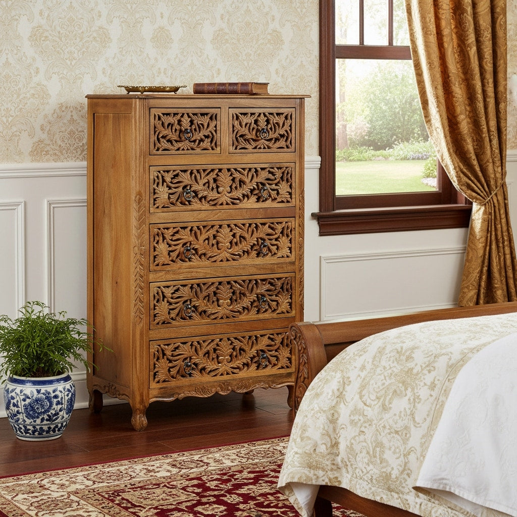 Homeroots 35 Brown Carved Floral Solid Wood Six Drawer Dresser