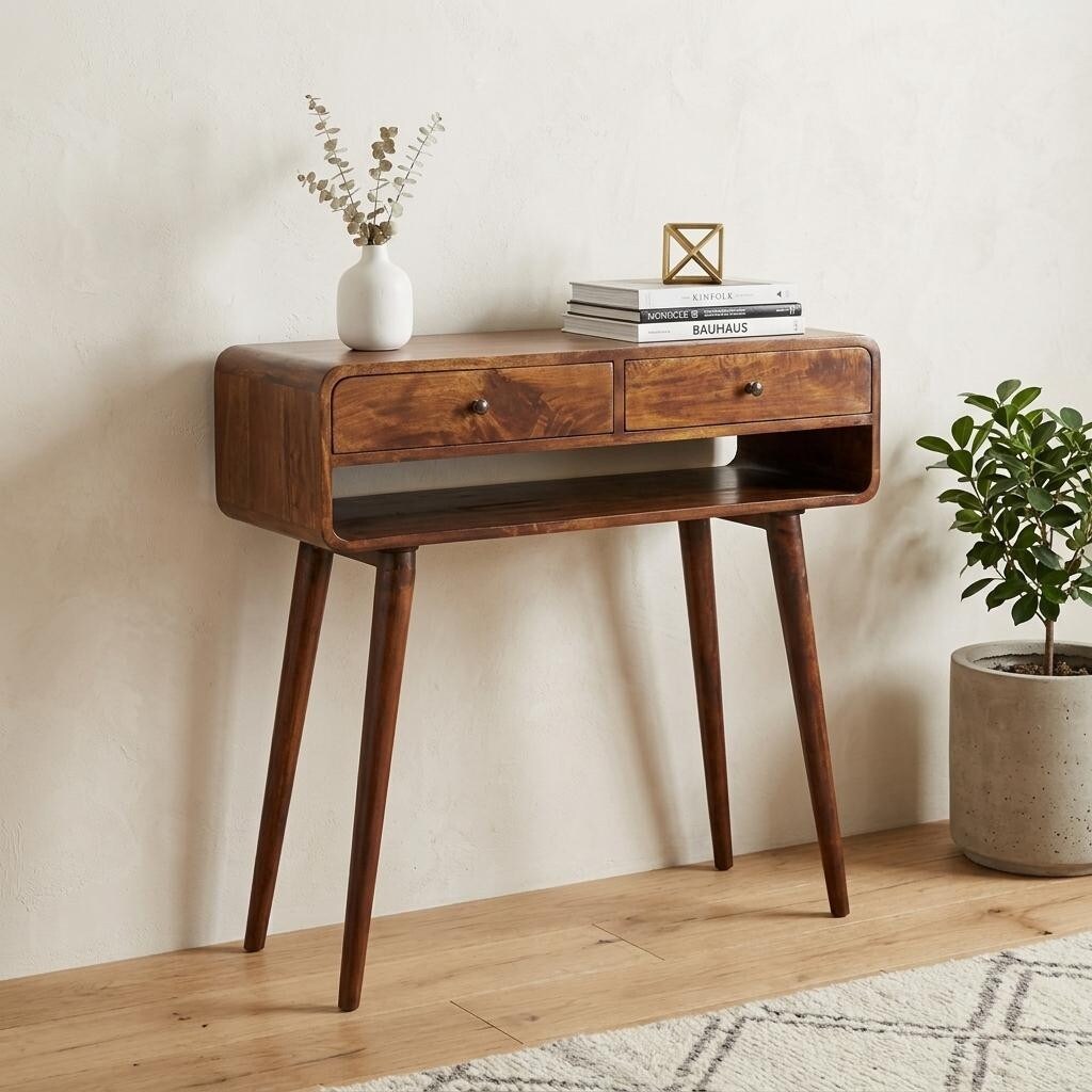 Homeroots 35 Chestnut Solid Wood Console Table With Shelf And Two Drawers 35.40 In. X 35.80 In. X 13.80 In.