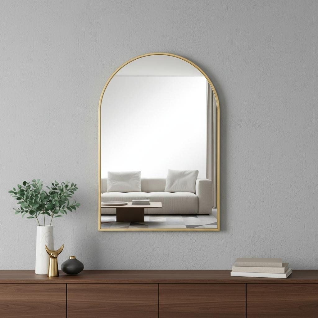 Homeroots 35 Gold Aluminum Arch Framed Anti Fog Accent Mirror 23.62 In. X 35.43 In. X 0.55 In.