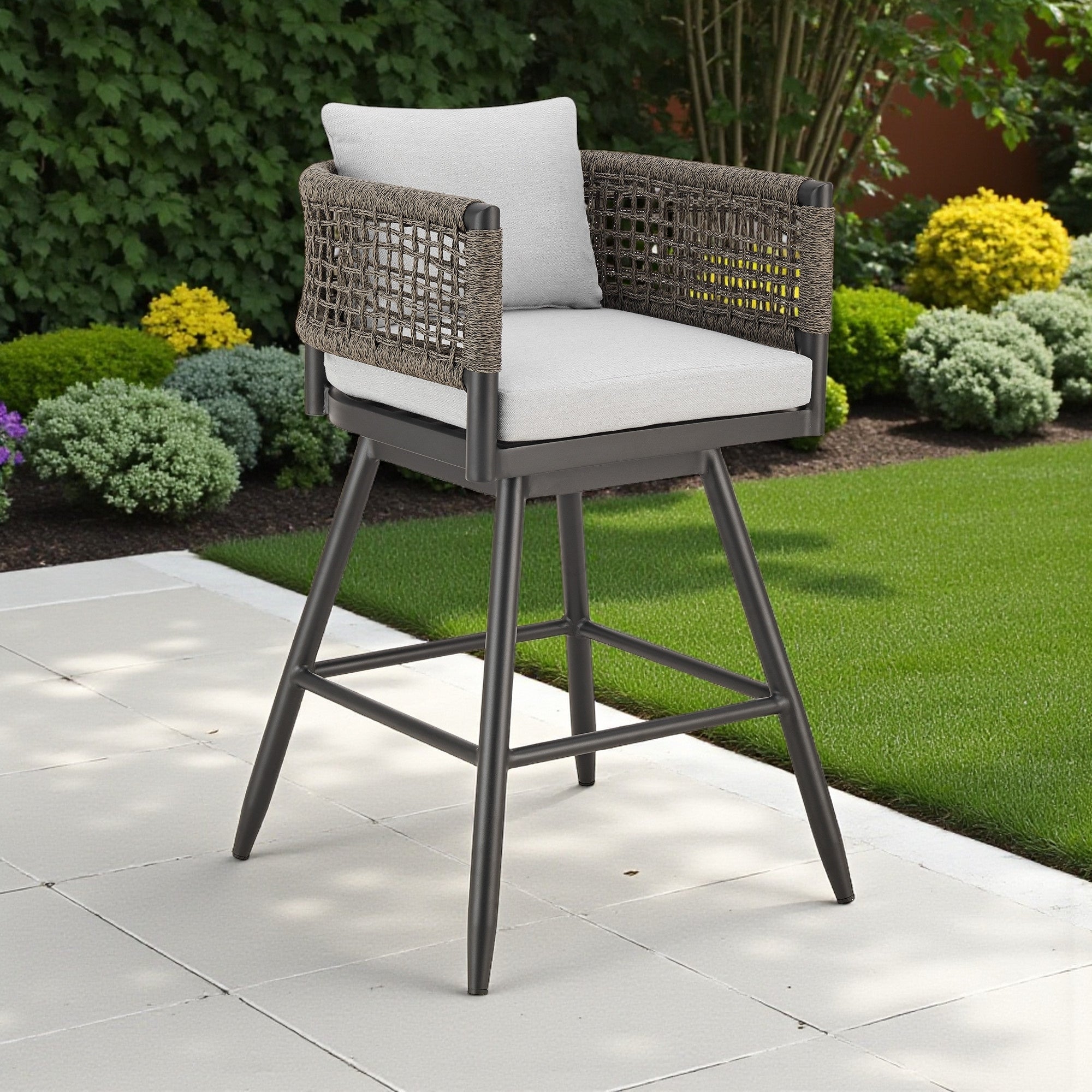 Homeroots 35 Light Gray Metal Swivel Low Back Outdoor Counter Height Bar Chair With Footrest