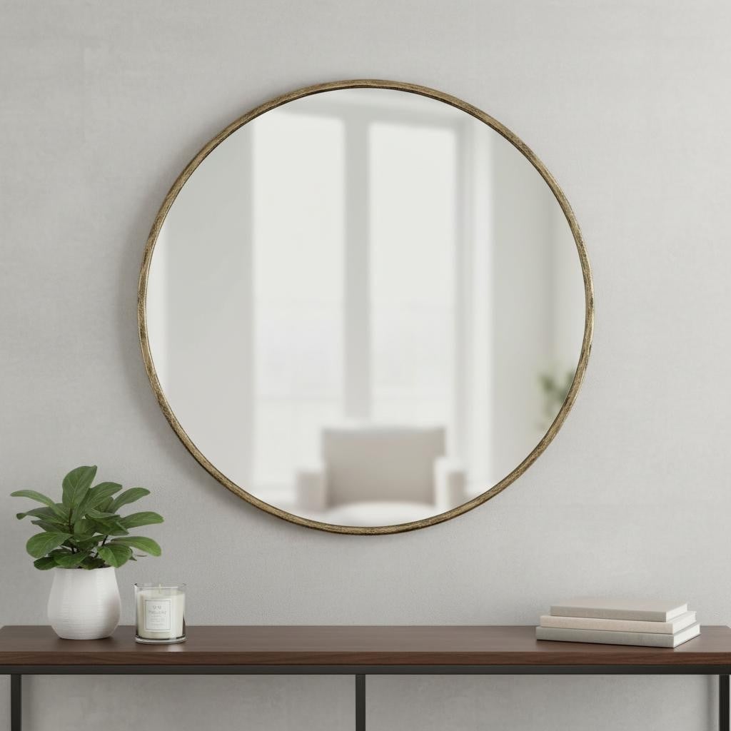 Homeroots 36 Antiqued Brass Iron Round Framed Accent Mirror 36.00 In. X 36.00 In. X 1.25 In.