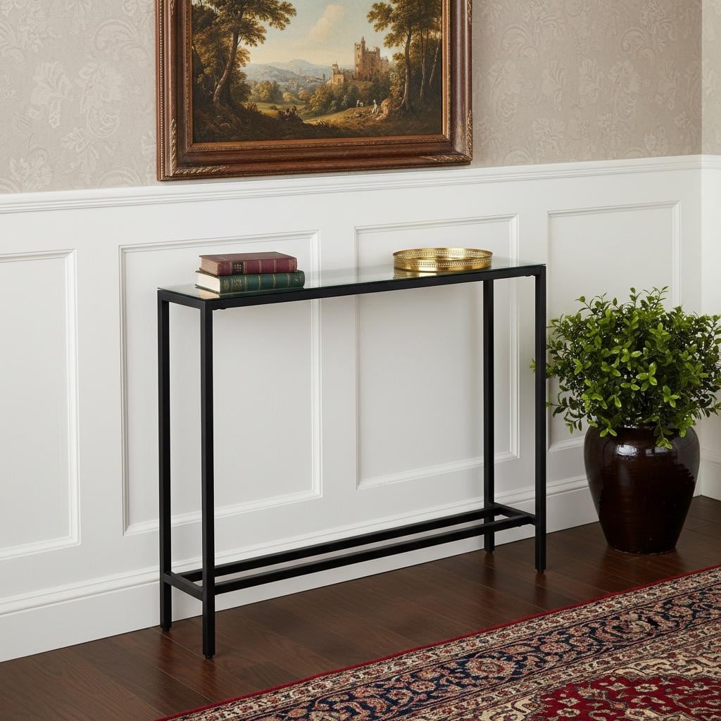 Homeroots 36 Black Mirrored Glass Console Table 36.00 In. X 30.00 In. X 8.00 In.
