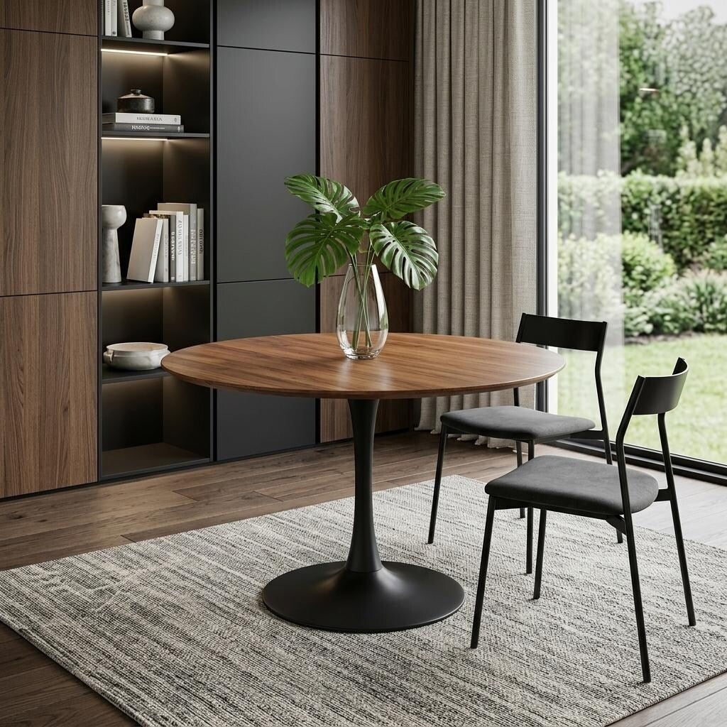 Homeroots 36 Brown And Black Rounded Solid Wood And Iron Pedestal Base Dining Table 36.00 In. X 29.63 In. X 36.00 In.