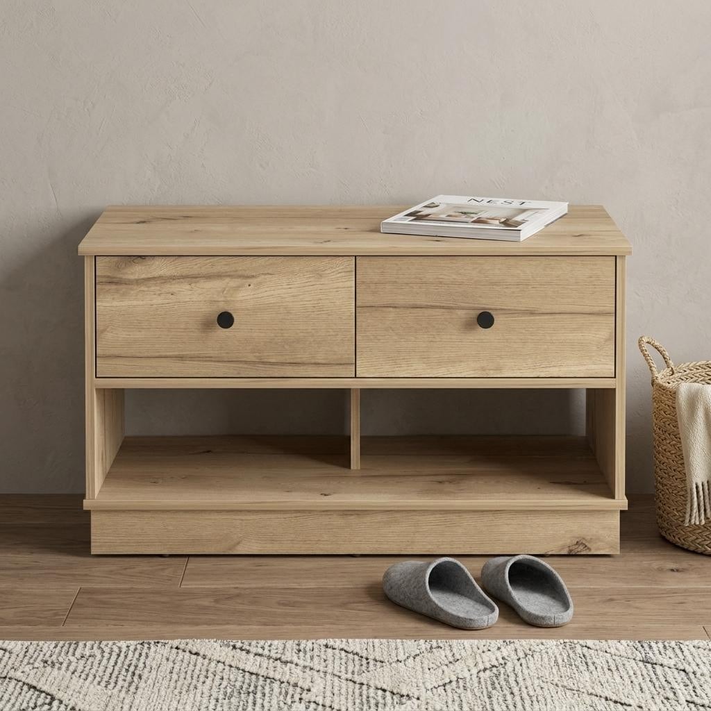 Homeroots 36 Natural And Oak Wood Storage Bench With Drawers Shoe Storage And Shelves 35.80 In. X 19.90 In. X 17.90 In.