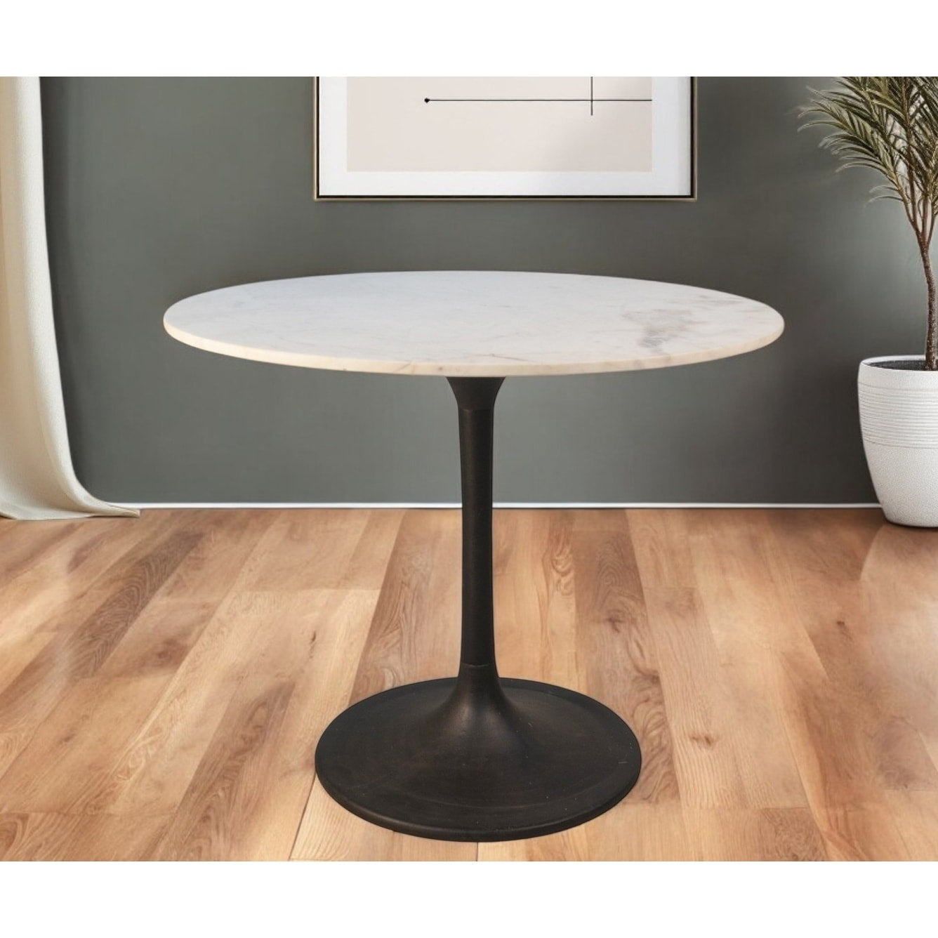 Homeroots 36 White And Black Rounded Marble And Iron Pedestal Base Dining Table 36.00 In. X 30.00 In. X 36.00 In.
