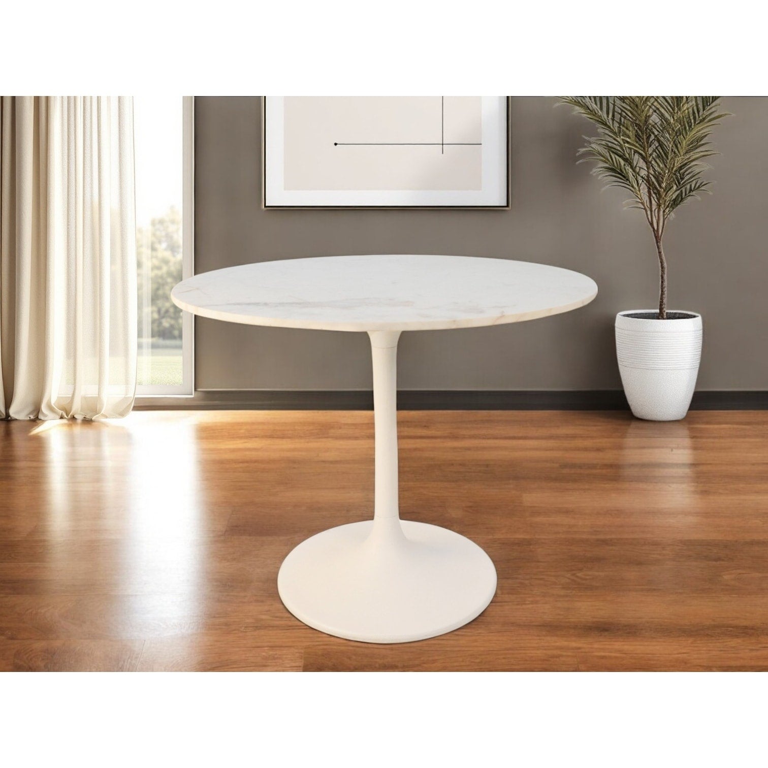 Homeroots 36 White Rounded Marble And Iron Pedestal Base Dining Table 36.00 In. X 30.00 In. X 36.00 In.