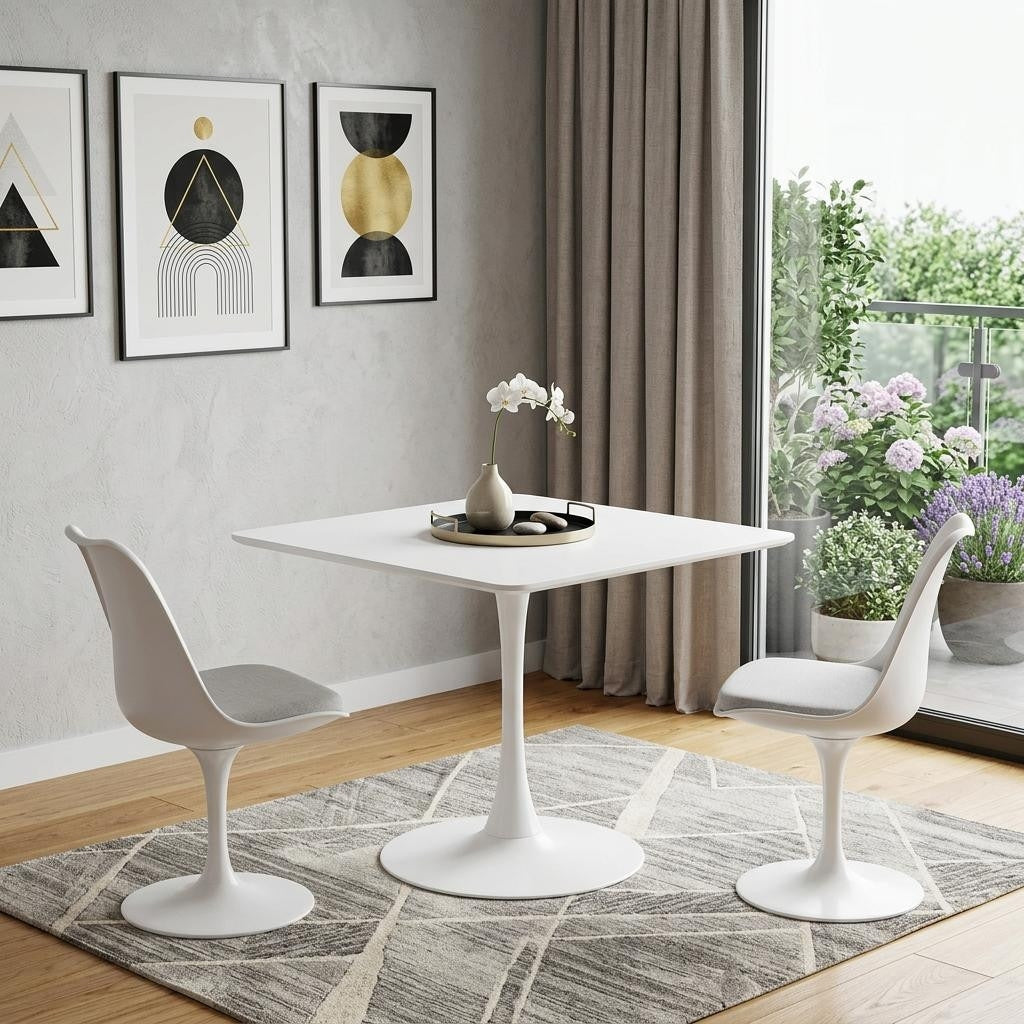 Homeroots 36 White Wood And Steel Pedestal Base Square Dining Table 36.00 In. X 30.30 In. X 36.00 In.