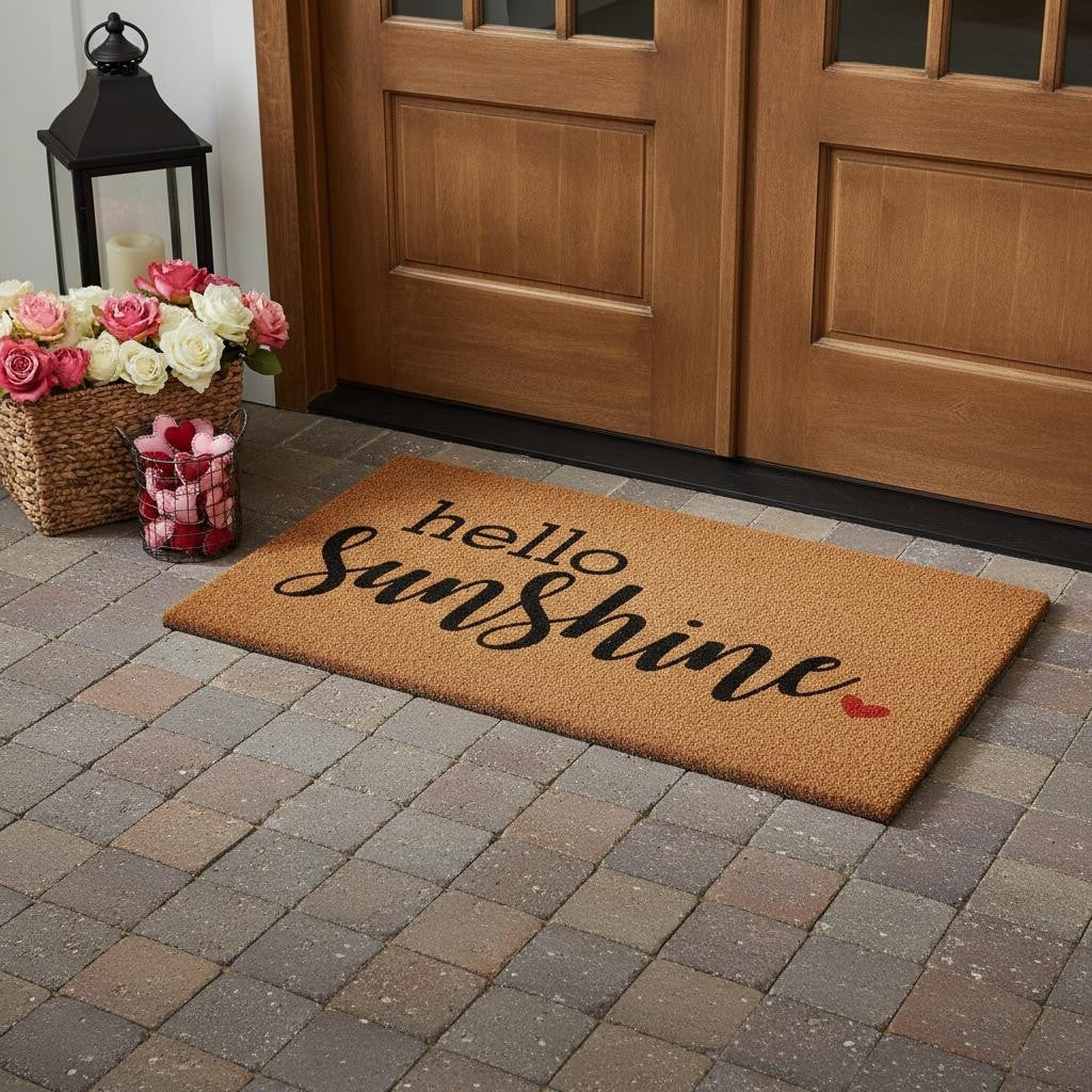 Homeroots 36 X 72 Brown And Black Hello Sunshine Outdoor Coir Door Mat 36.00 X 72.00
