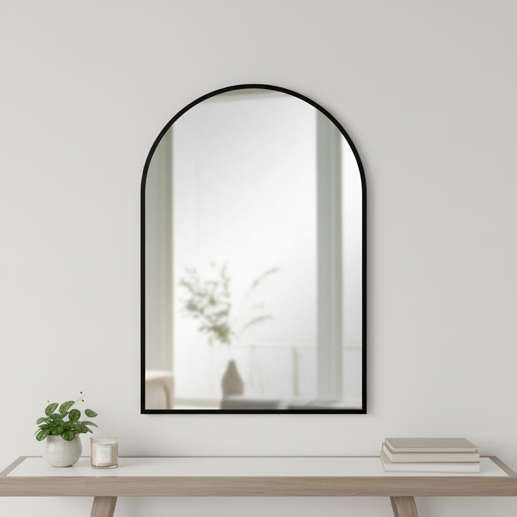 Homeroots 38 Black Aluminum Arch Framed Anti Fog Accent Mirror 25.98 In. X 37.80 In. X 0.55 In.