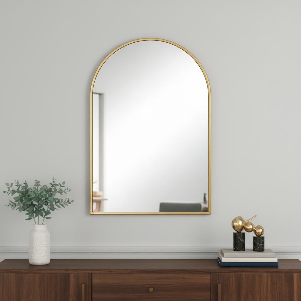 Homeroots 38 Gold Aluminum Arch Framed Anti Fog Accent Mirror 25.98 In. X 37.80 In. X 0.55 In.