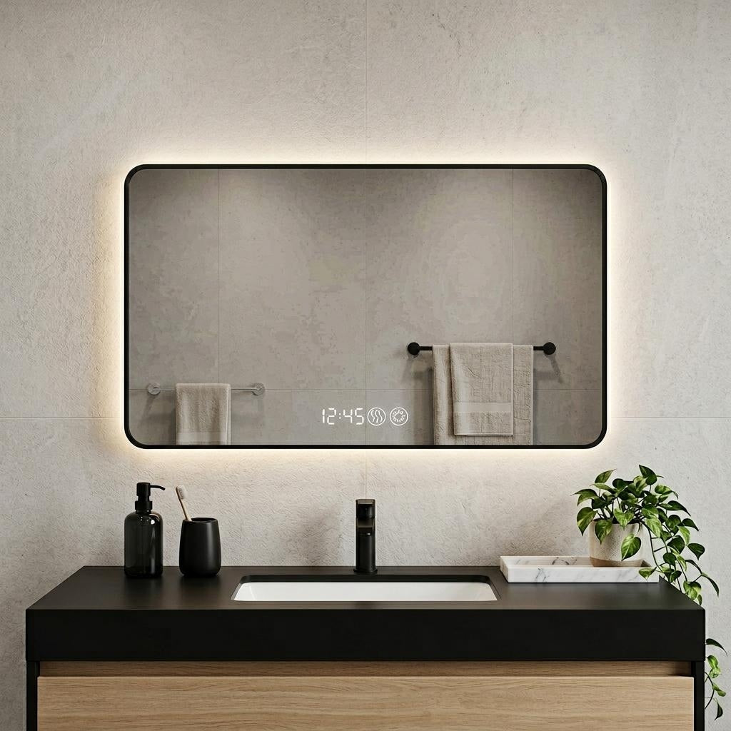 Homeroots 39 Black Aluminum Lighted Framed Anti Fog Bathroom Vanity Mirror 29.53 In. X 39.37 In. X 1.18 In.