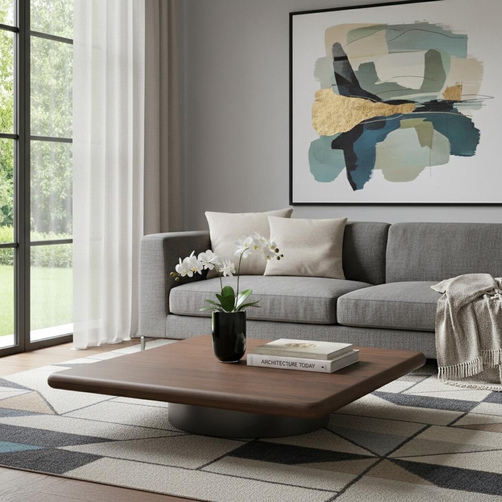 Homeroots 39 Brown And Silver Wood And Stainless Steel Square Pedestal Coffee Table 39.00 In. X 7.00 In. X 39.00 In.