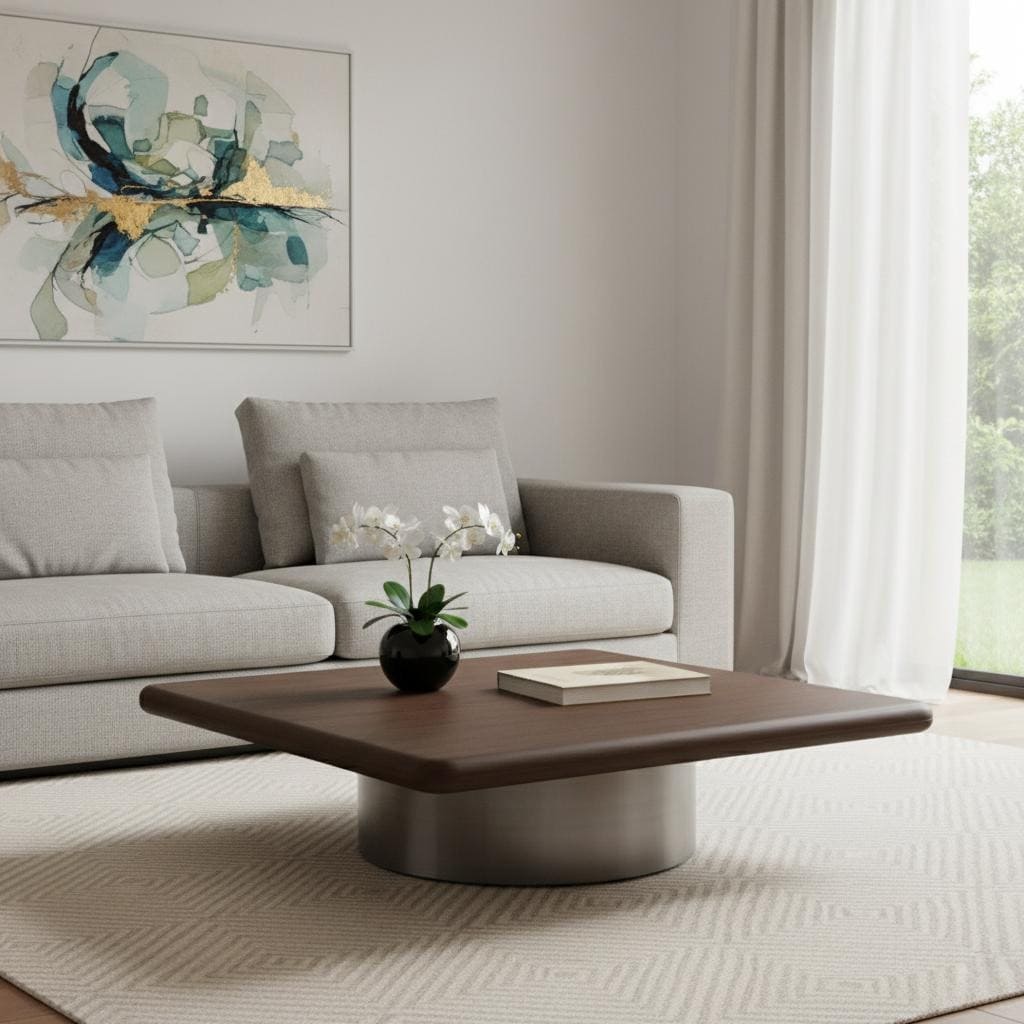 Homeroots 39 Brown And Silver Wood And Stainless Steel Square Pedestal Coffee Table 39.00 In. X 11.00 In. X 39.00 In.