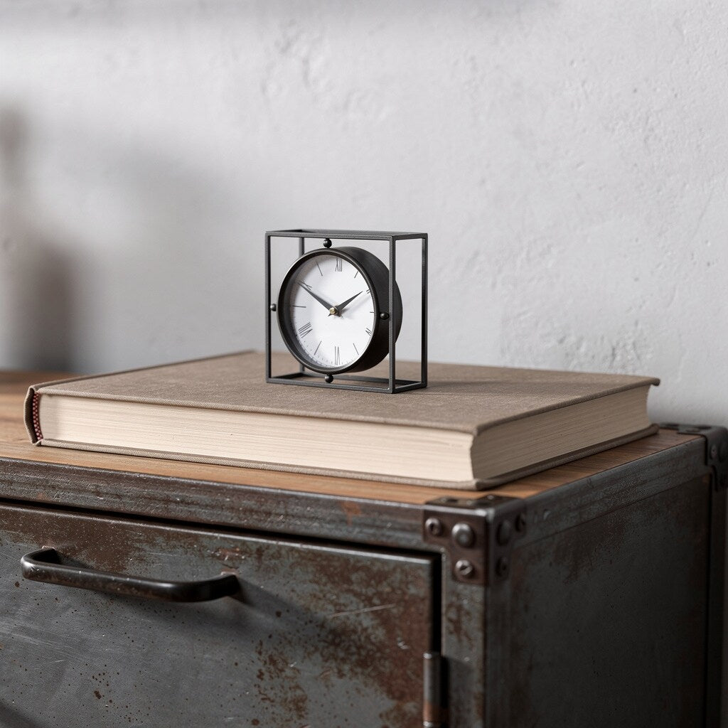 Homeroots 3 Black Distressed Metal Table Clock 3.05 In. X 3.05 In. X 1.28 In.