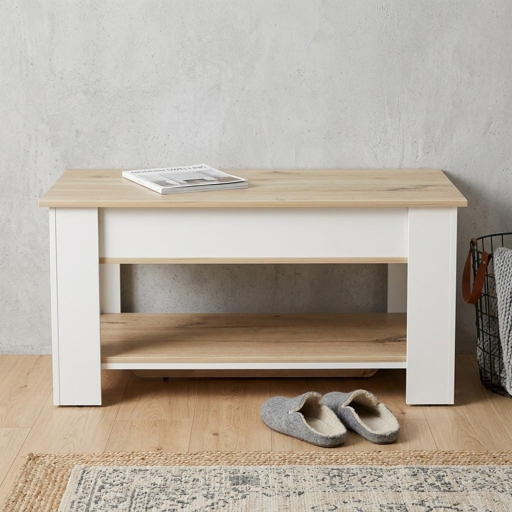 Homeroots 40 Natural And White Wood Storage Bench With Flip Top Shoe Storage And Shelves 40.00 In. X 20.20 In. X 20.00 In.