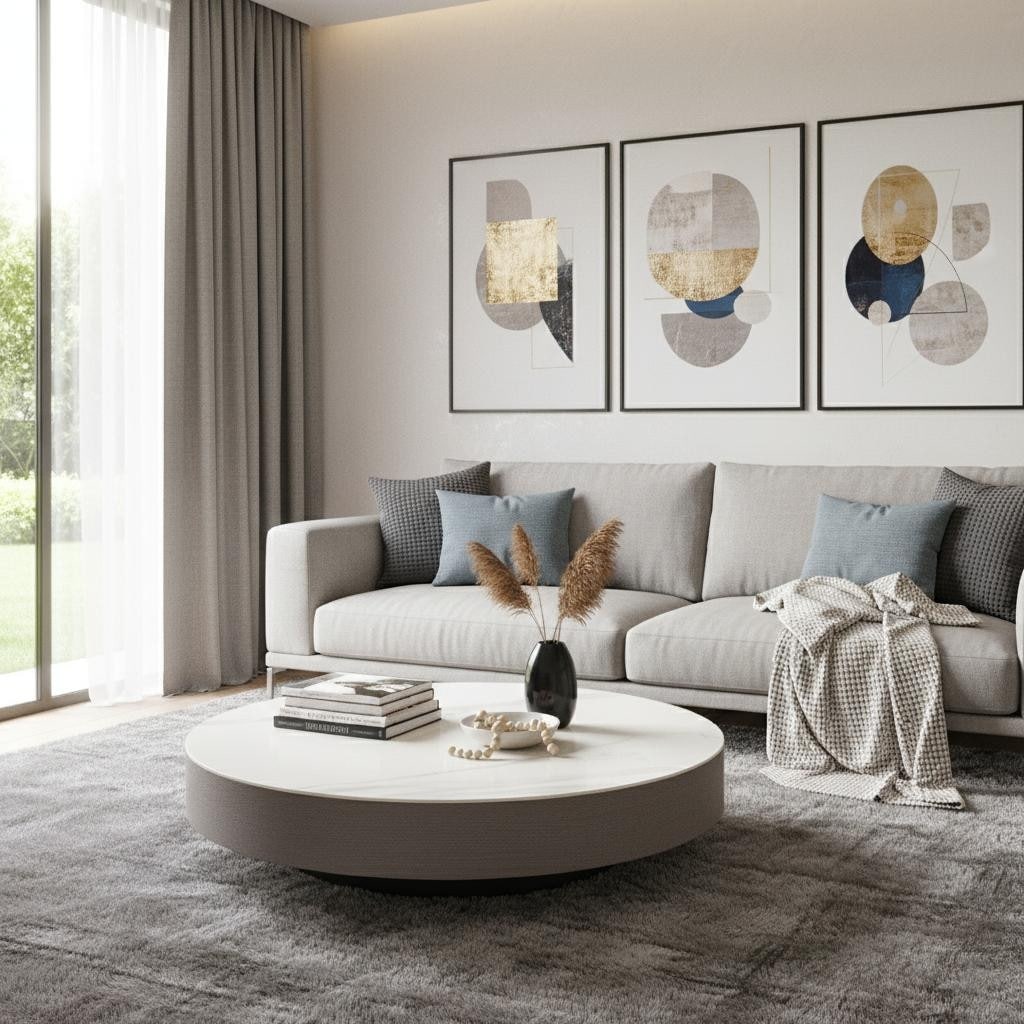 Homeroots 41 White And Gray Ceramic Tile And Wood Round Pedestal Coffee Table 41.00 In. X 10.00 In. X 41.00 In.