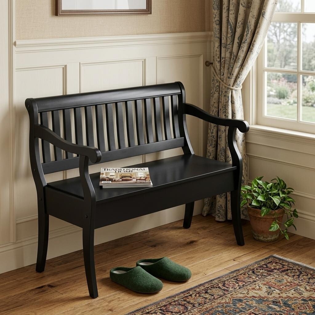 Homeroots 42 Black Solid Wood Storage Bench With Flip Top 42.38 In. X 35.25 In. X 22.38 In.