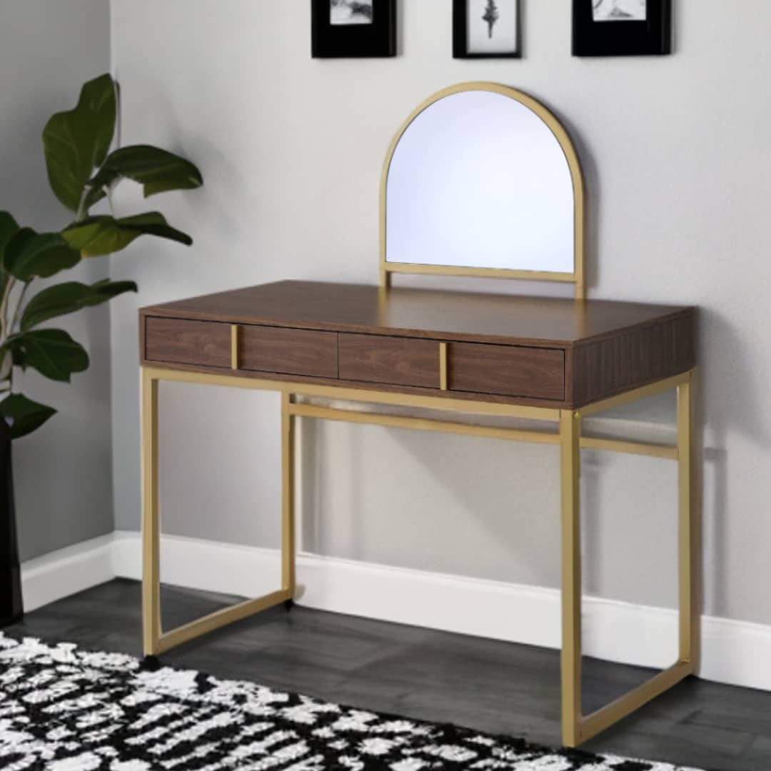 Homeroots 42 Gold Mirrored Vanity Table With Mirror With Two Drawers