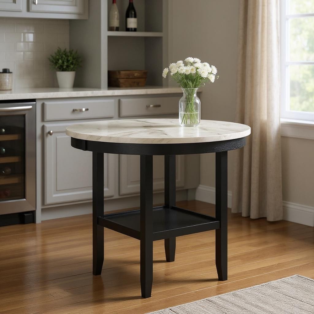 Homeroots 42 White And Black Wood And Faux Marble Round Counter Height Bar Table 42.00 In. X 35.75 In. X 42.00 In.