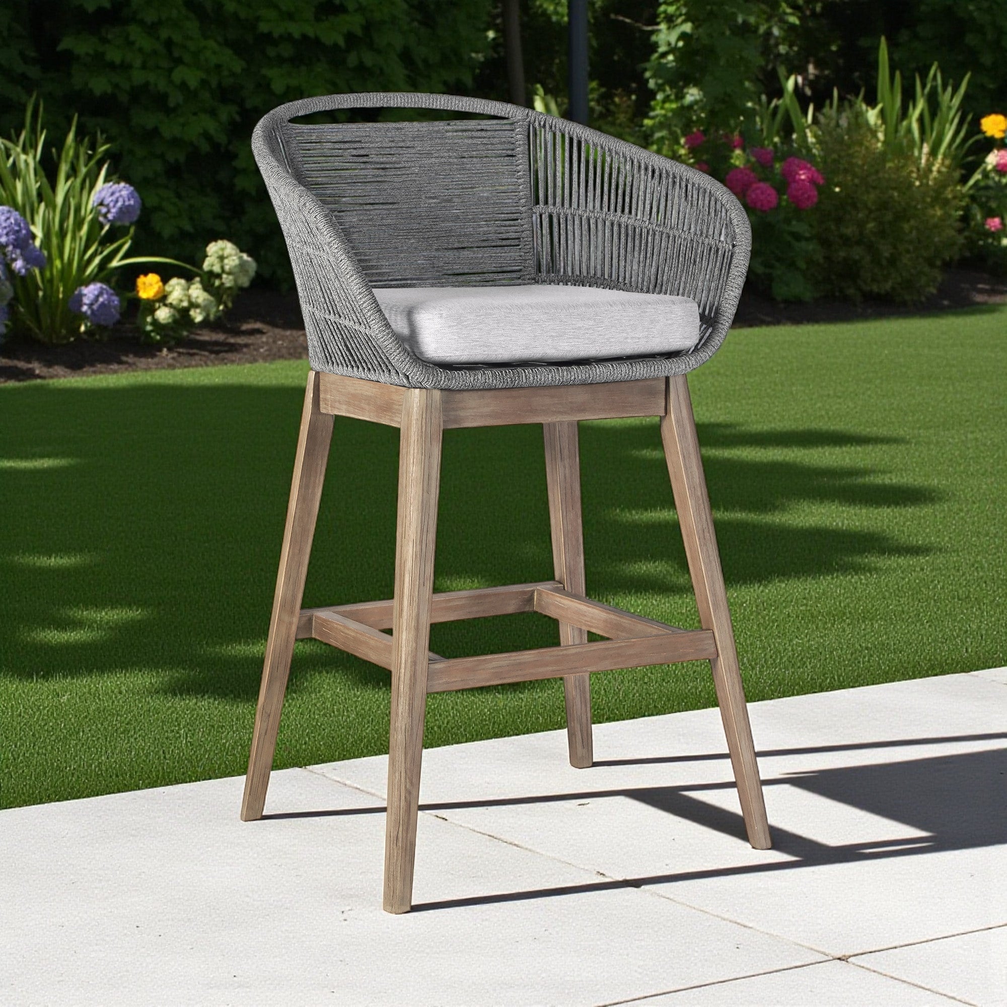 Homeroots 43 Gray Solid Wood Low Back Outdoor Bar Height Chair With Footrest