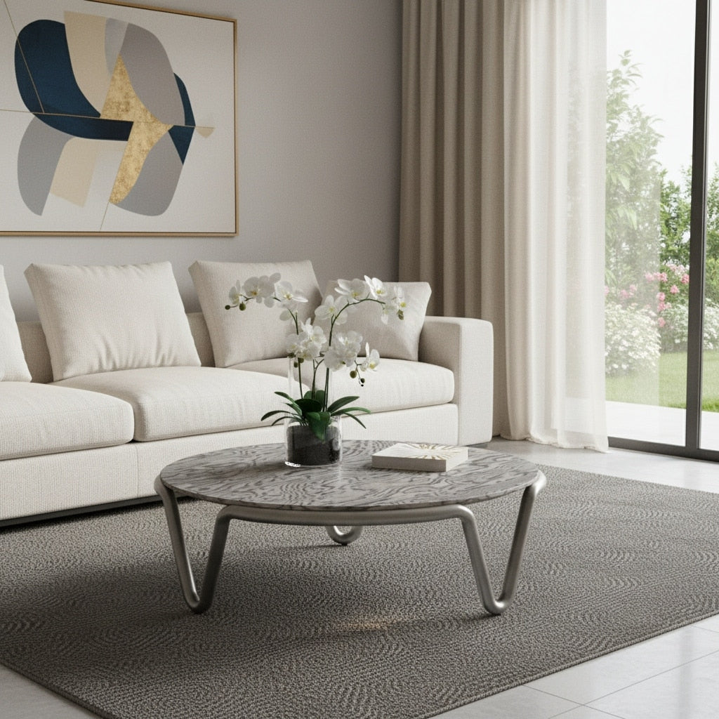 Homeroots 43 Gray And Silver Wood And Stainless Steel Round Coffee Table 43.00 In. X 13.00 In. X 43.00 In.