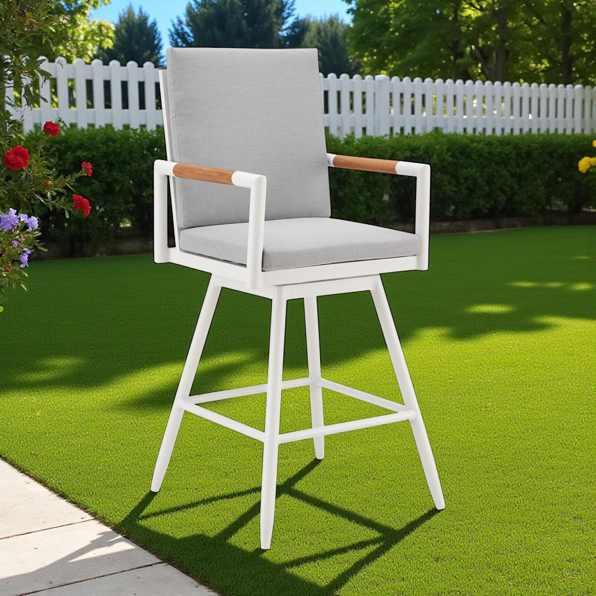 Homeroots 43 Light Gray Metal Swivel Outdoor Counter Height Bar Chair With Footrest