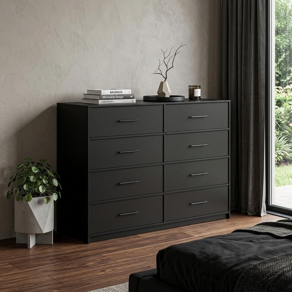 Homeroots 45 Black Fabric Wood And Steel Eight Drawer Double Dresser