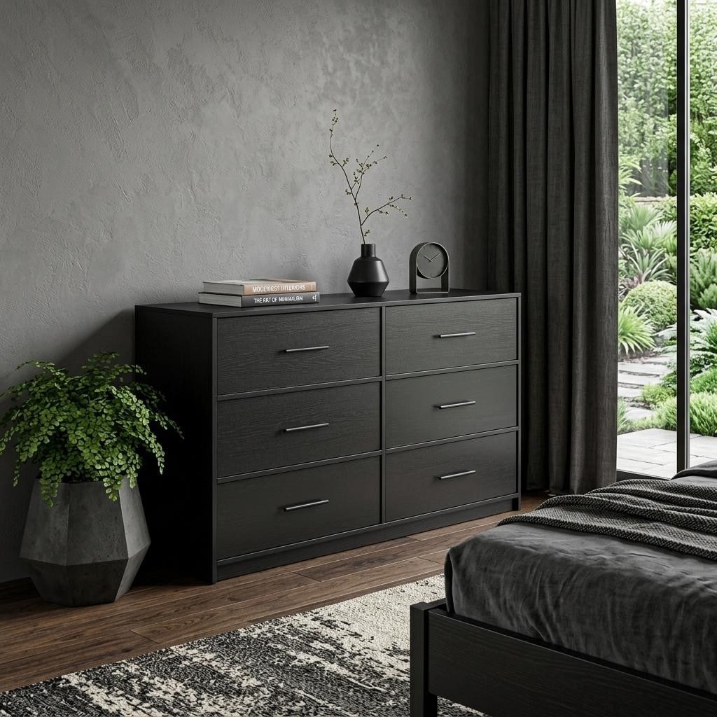 Homeroots 45 Black Fabric Wood And Steel Six Drawer Double Dresser