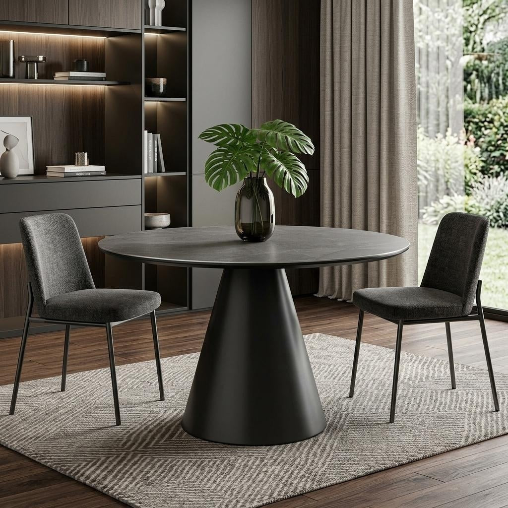Homeroots 47 Gray Rounded Stone And Iron Pedestal Base Dining Table 47.00 In. X 30.00 In. X 47.00 In.