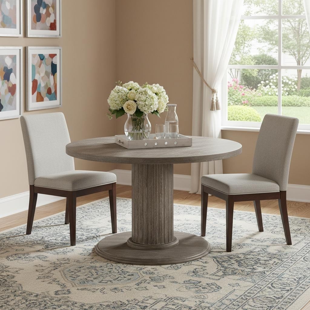 Homeroots 47 Gray Wood Pedestal Base Round Top Dining Table 47.00 In. X 31.00 In. X 47.00 In.