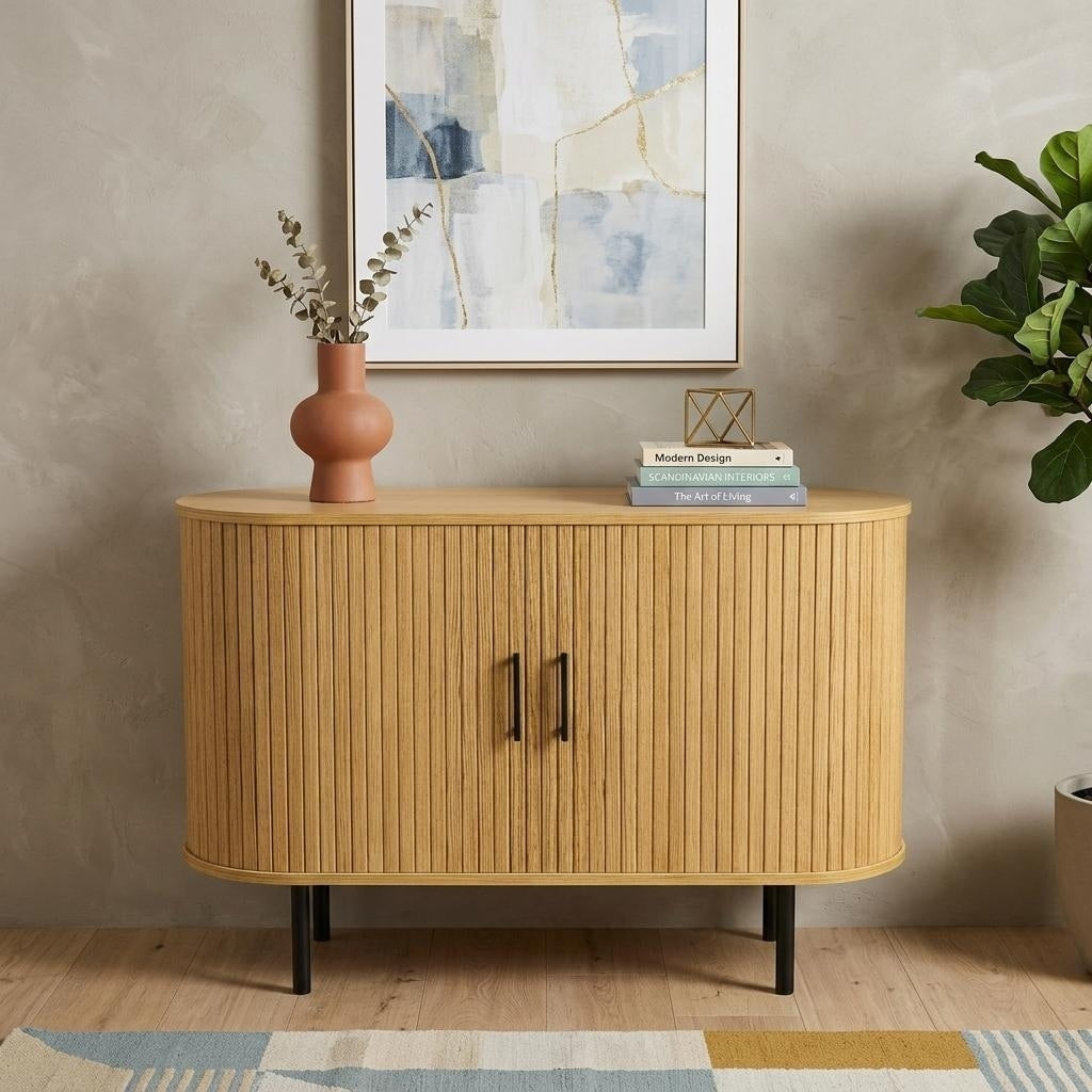 Homeroots 47 Natural Wood Sideboard With Two Sliding Doors 47.00 In. X 31.50 In. X 15.80 In.