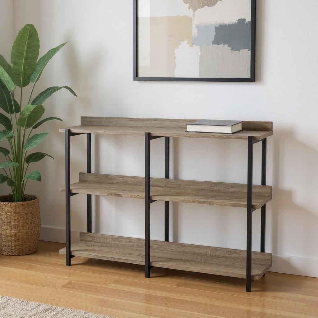 Homeroots 47 Taupe And Black Wood And Metal Frame Console Table With Three Shelves 47.25 In. X 34.00 In. X 12.00 In.