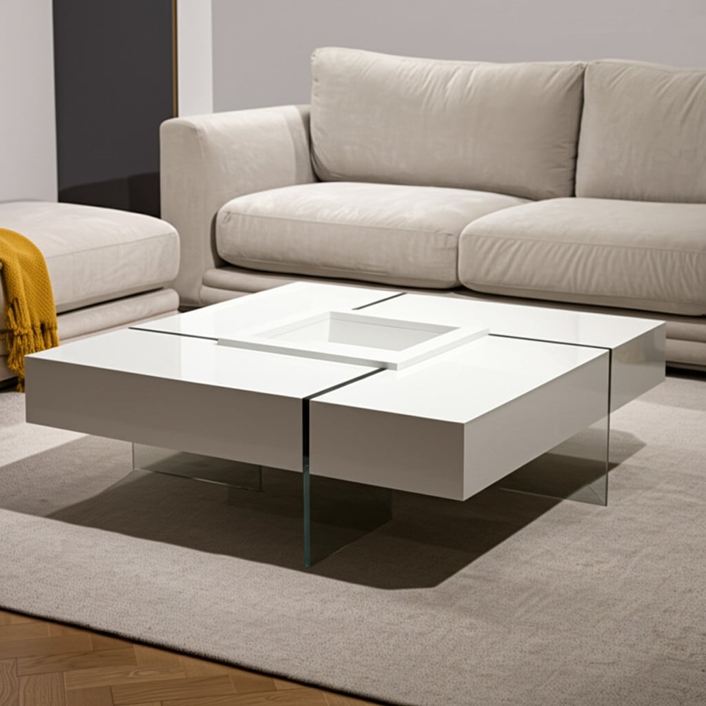 Homeroots 47 White And Clear Wood And Glass Square Sled Coffee Table 47.00 In. X 16.00 In. X 47.00 In.
