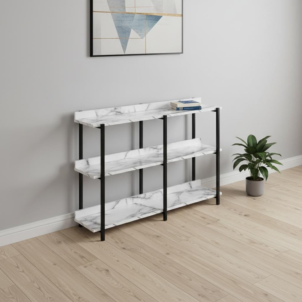 Homeroots 47 White And Black Wood And Metal Faux Marble Console Table With Three Shelves 47.25 In. X 34.00 In. X 12.00 In.