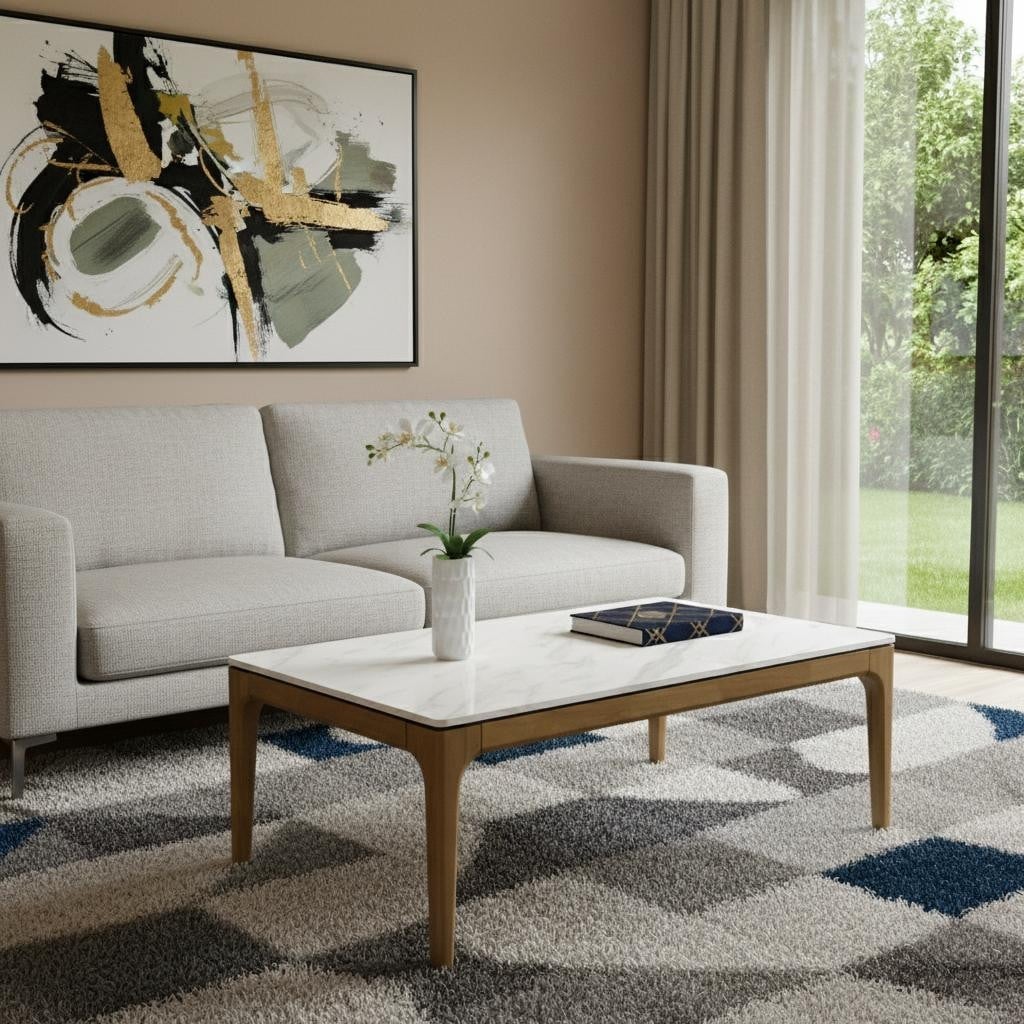 Homeroots 47 White And Natural Faux Marble And Solid Wood Coffee Table 47.20 In. X 17.70 In. X 27.60 In.