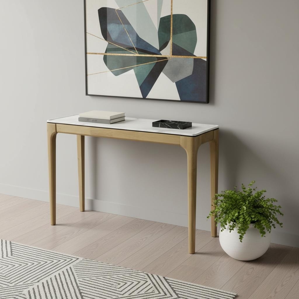 Homeroots 47 White And Natural Faux Marble And Solid Wood Console Table 47.20 In. X 30.00 In. X 14.60 In.