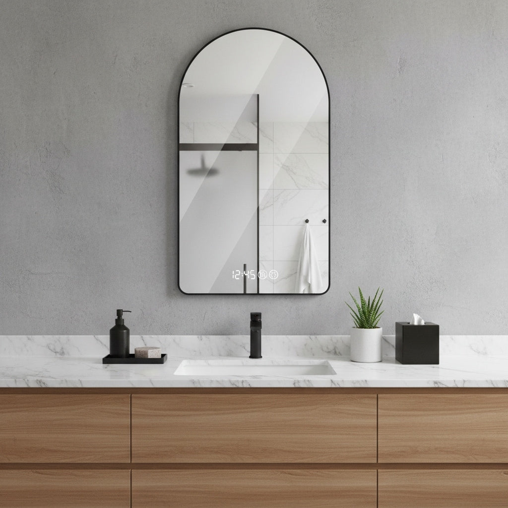 Homeroots 48 Black Aluminum Arch Lighted Framed Anti Fog Bathroom Vanity Mirror 28.00 In. X 48.00 In. X 1.18 In.