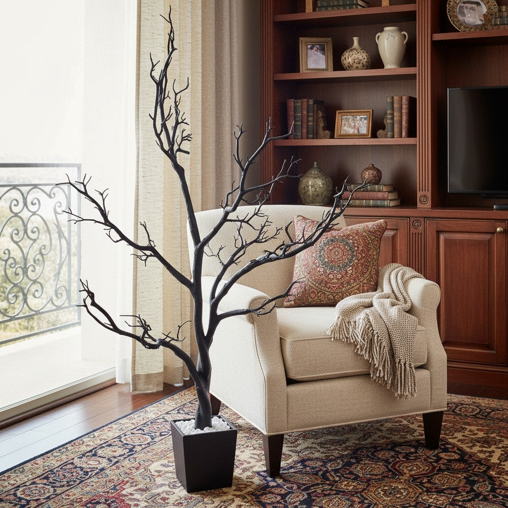 Homeroots 48 Black Artificial Manzanita Tree In Black Planter Pot 12.00 In. X 48.00 In. X 26.00 In.